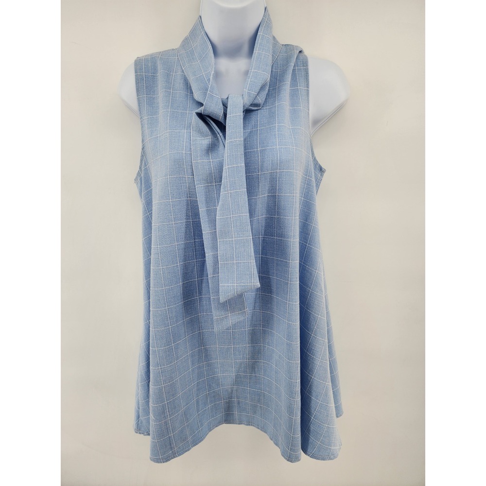 Blue Plaid Sleeveless Tie Neck Blouse Windowpane Check Tunic Top
